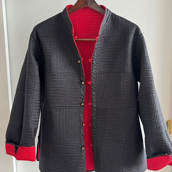 New Sam Hilus Classic 100% Silk Reversible Nehru Jacket Women's Black & Red L XL - Picture 14 of 15